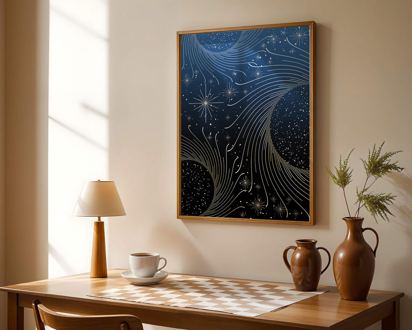 Elegant starry night with golden cosmic swirls