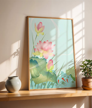 Loteo de flores de loto ilustrativas con hojas y peces koi en un estanque sereno