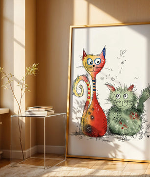 Ilustración artística colorida de dos gatos juguetones sobre fondo blanco