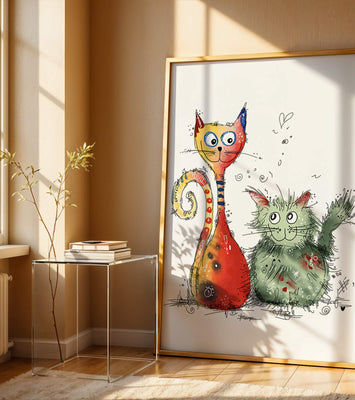 Colorful Artistic Illustration of Two Playful Cats on White Background