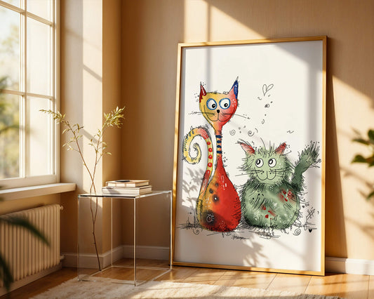 Colorful Artistic Illustration of Two Playful Cats on White Background