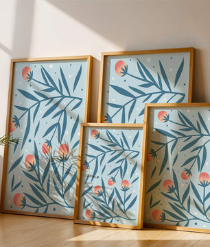 Abstract botanical pattern with colorful flowers and leaves on light blue background