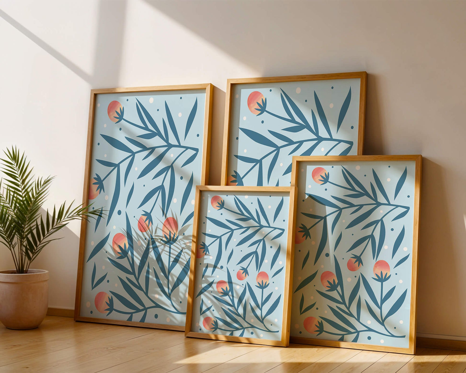 Abstract botanical pattern with colorful flowers and leaves on light blue background