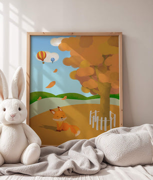 Herbstszene mit einem süßen Fuchs, Heißluftballons und einem bunten Baum