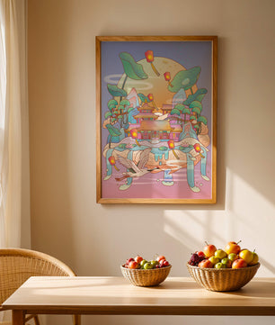 Illustration pittoresque d’un temple chinois avec des lanternes flottantes et un paysage serein