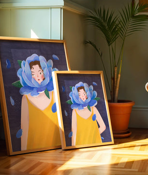Illustration of woman with blue flower head and yellow dress