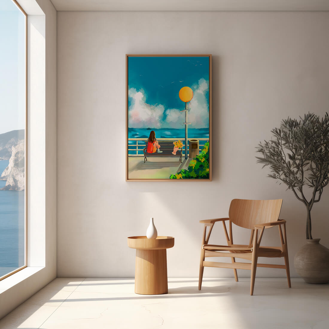 Serene waterfront scene with woman on bench facing the sea