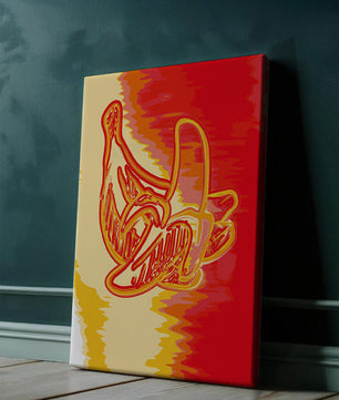 Abstract banana art with vibrant red and orange hues