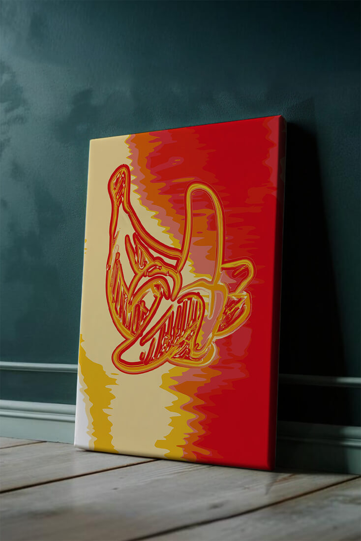 Abstract banana art with vibrant red and orange hues