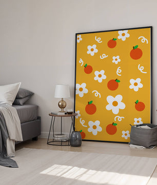 Playful floral and fruity pattern on a vibrant yellow background