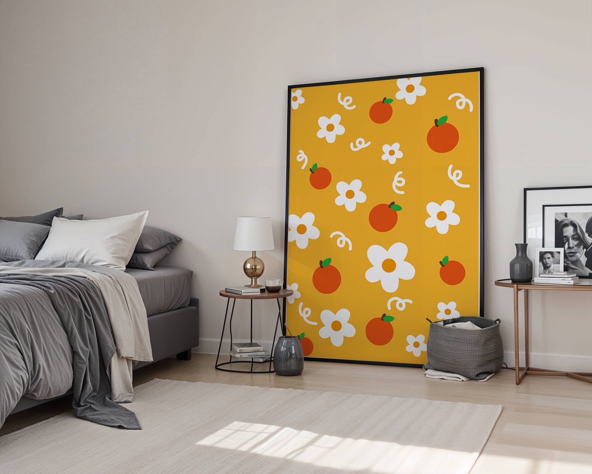 Playful floral and fruity pattern on a vibrant yellow background