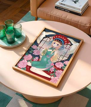 Chica anime elegante con atuendo tradicional y detalles florales y de grulla