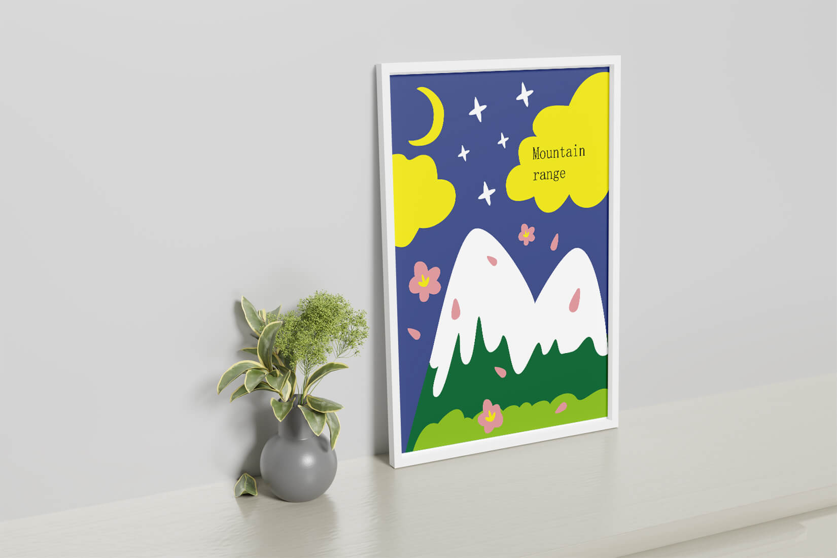 Stylized mountain landscape with starry night background and vibrant clouds