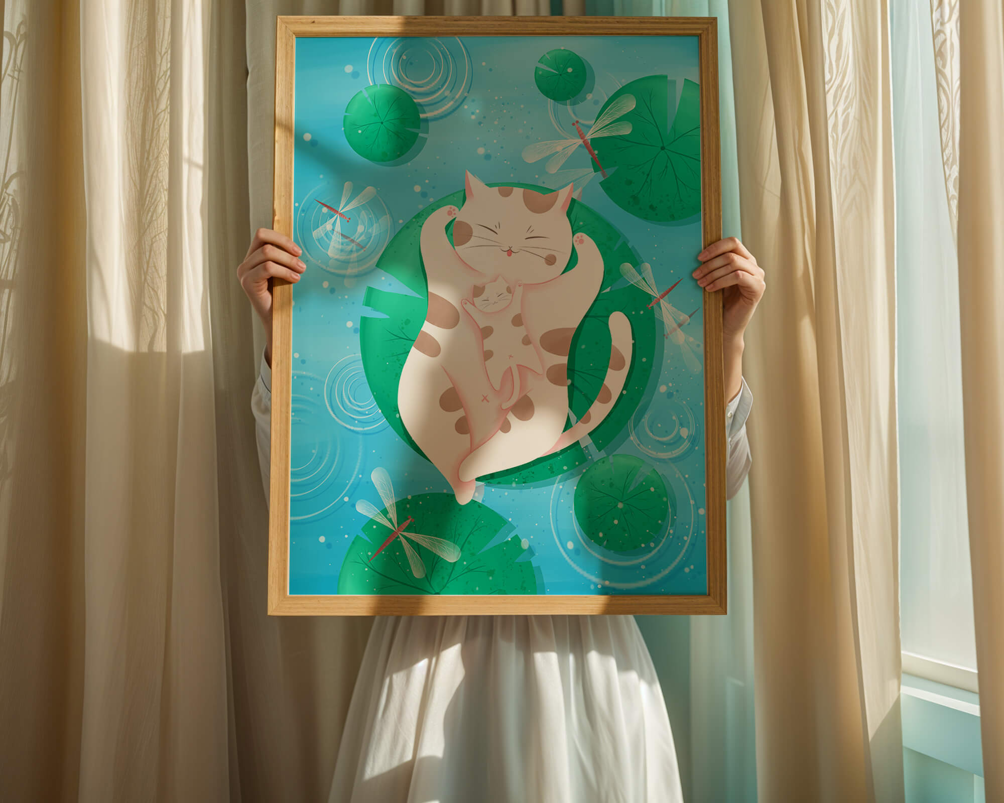 Relaxing cats floating on lily pads with dragonflies
