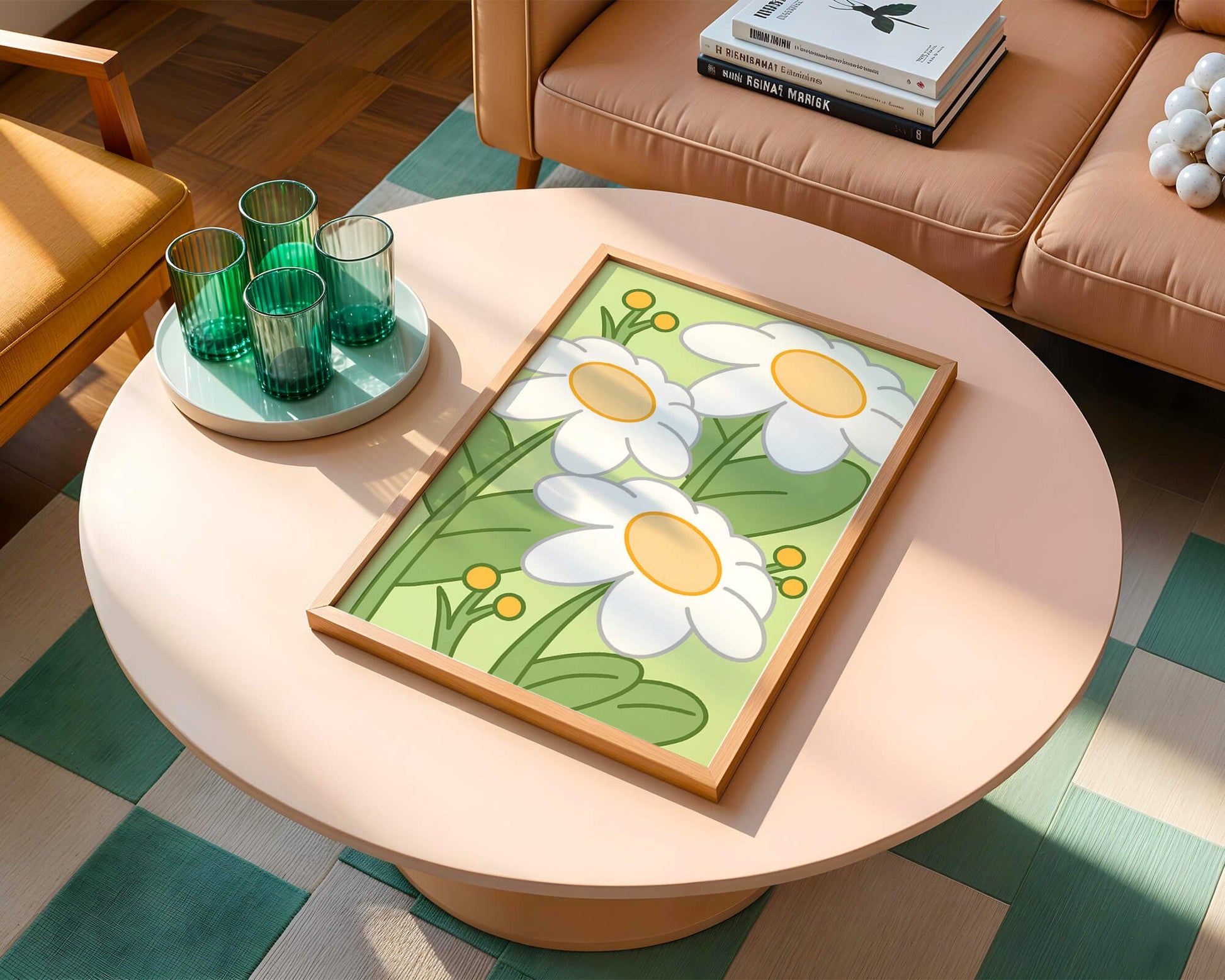Charming illustrated daisies on a green background