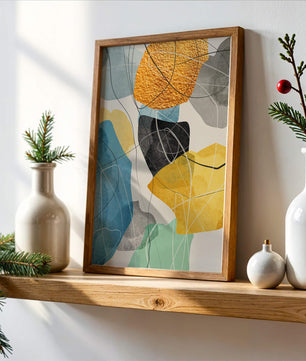 Abstrakte geometrische Kunst mit goldenen Akzenten und leuchtenden Farben