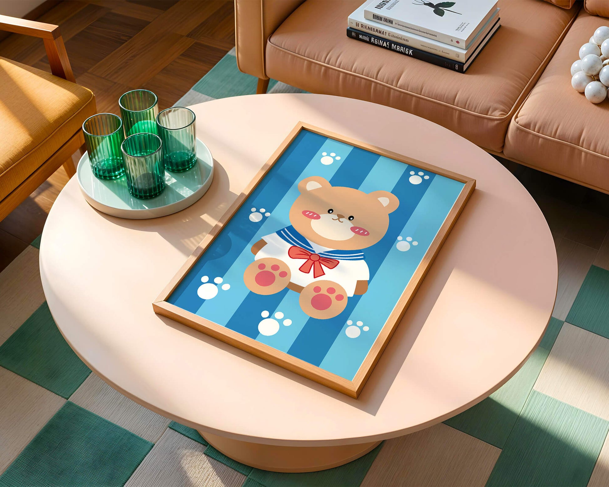 Adorable cartoon bear with sailor suit against striped background