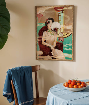 Œuvre d'art élégante d'inspiration asiatique vintage représentant une femme avec un éventail