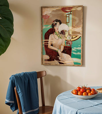 Elegant vintage Asian-inspired artwork featuring a woman with a fan