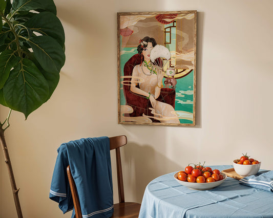 Elegant vintage Asian-inspired artwork featuring a woman with a fan