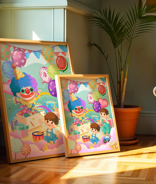 Colorful clown-themed children's party with balloons and toys