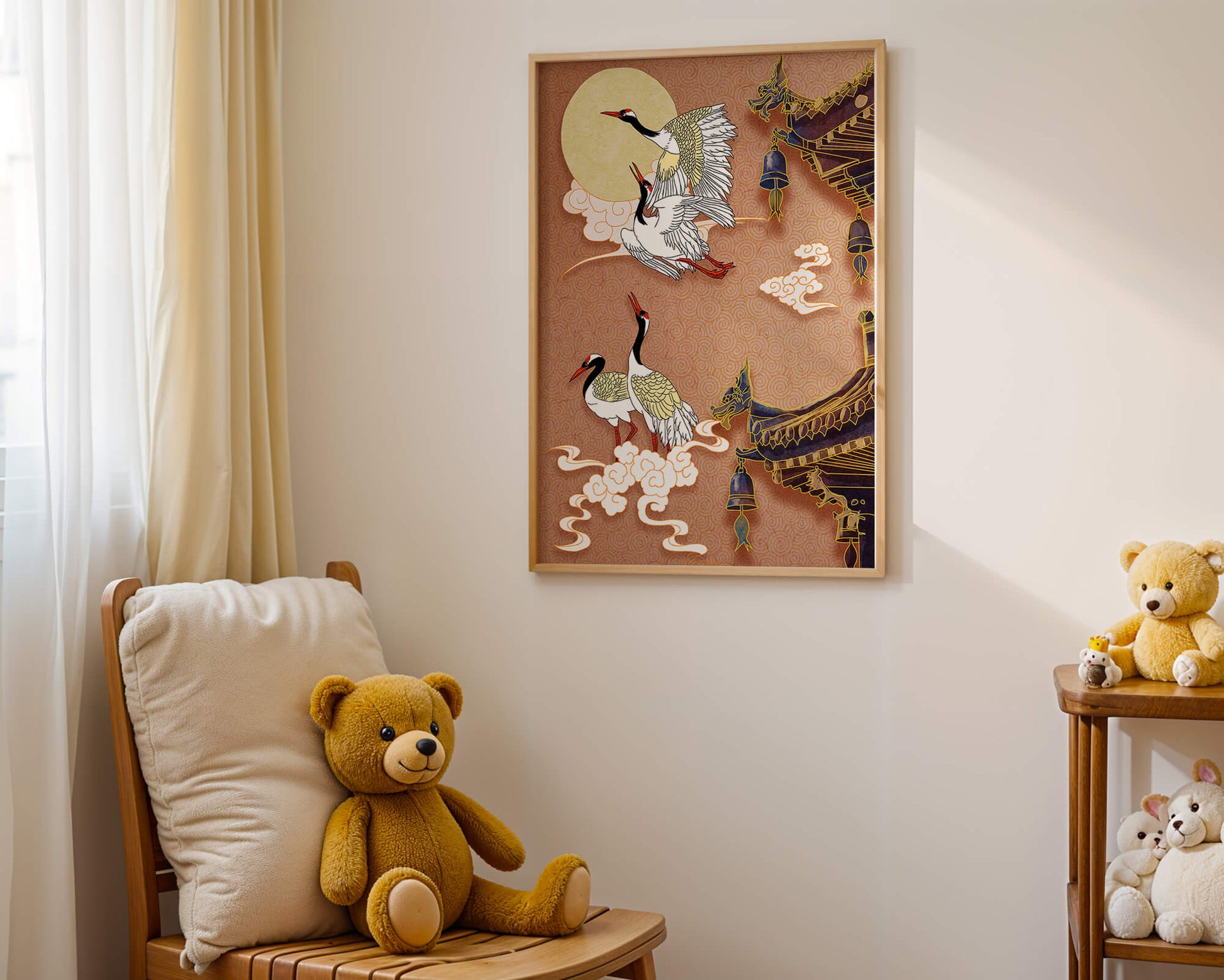 Oriental crane art with golden accents and architectural design