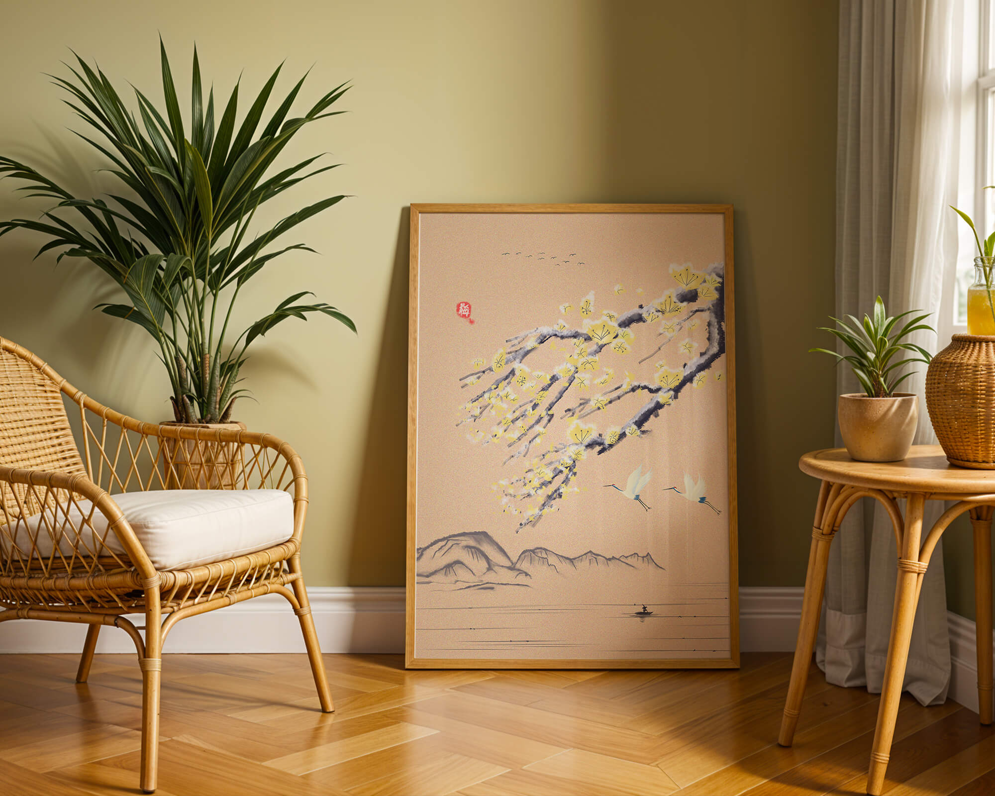 Tranquil landscape with blooming branches and flying cranes