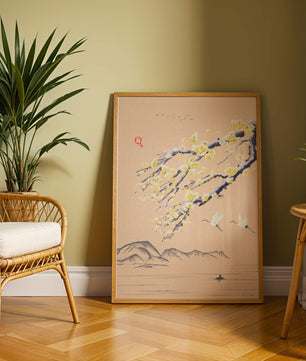 Tranquil landscape with blooming branches and flying cranes