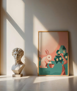 Conejo de origami abstracto con mortero y pistilo bajo un árbol en flor