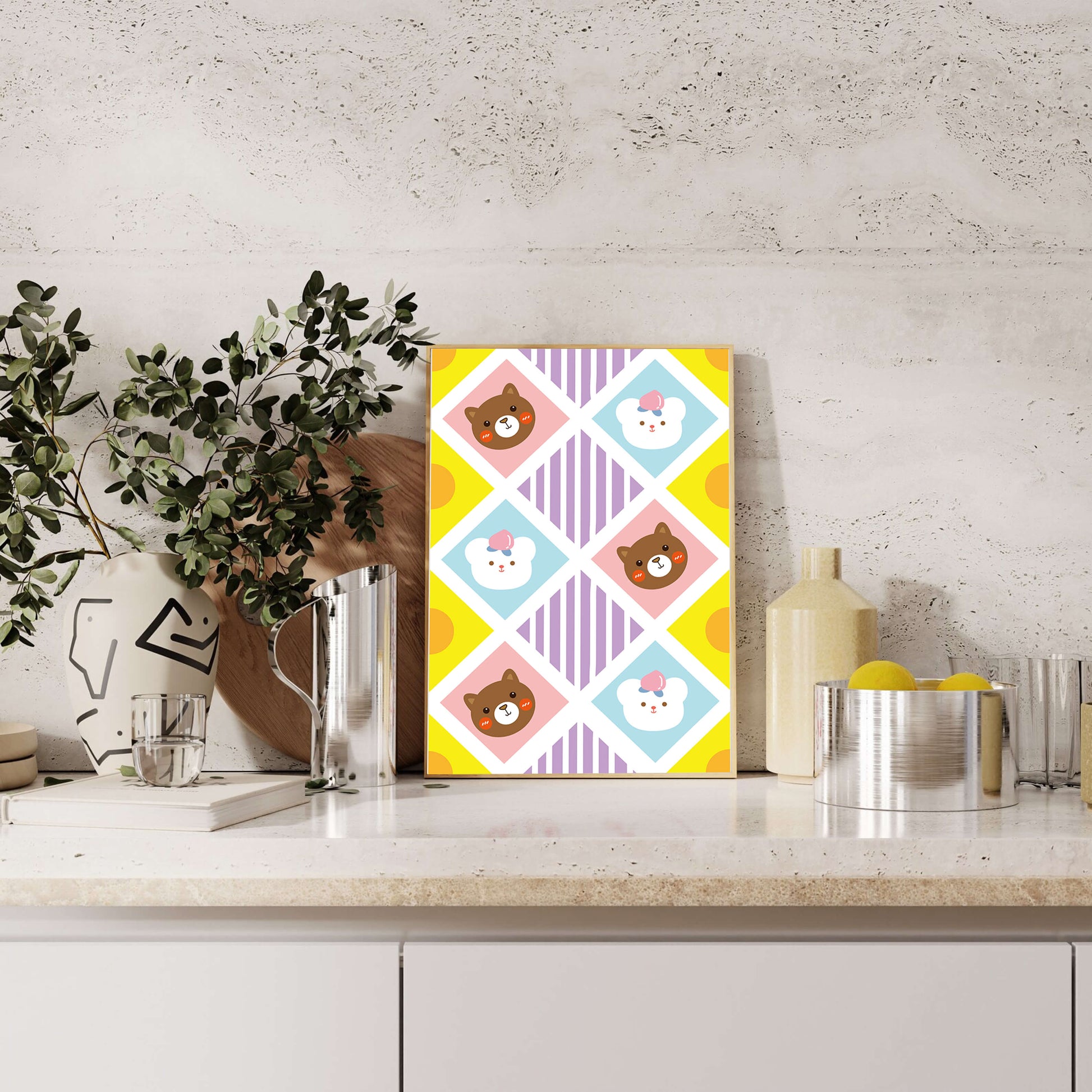 Playful geometric bear and colorful pattern for children's room decor