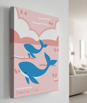 Playful whales illustration in pastel pink and blue