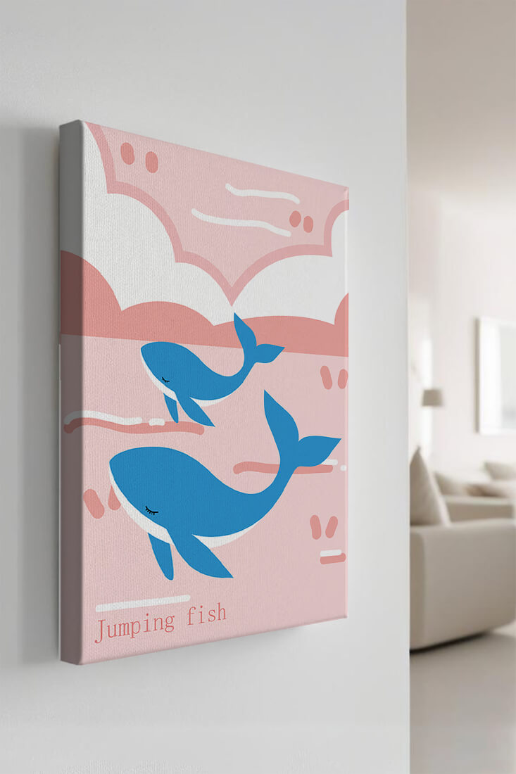 Playful whales illustration in pastel pink and blue