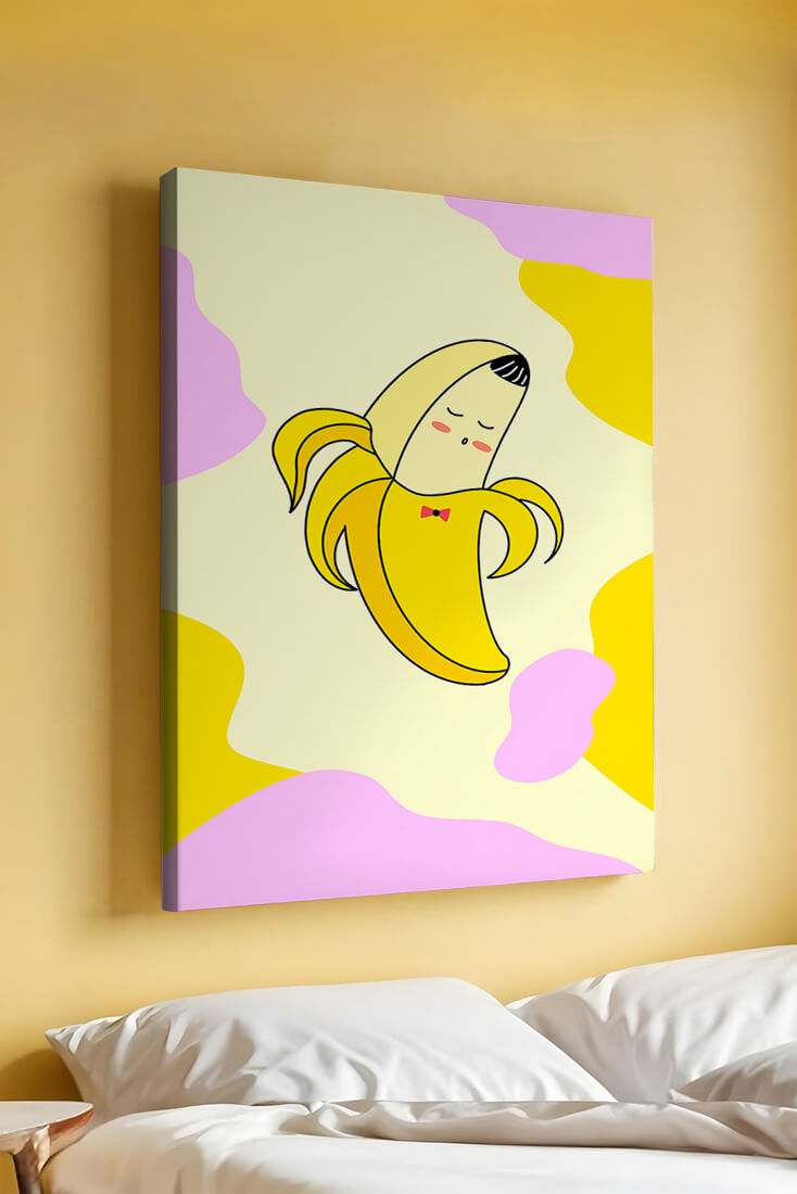 Quirky animated banana with bow tie on colorful abstract background