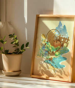 Ilustración con tema de cosecha con una cesta de productos y un fondo panorámico.