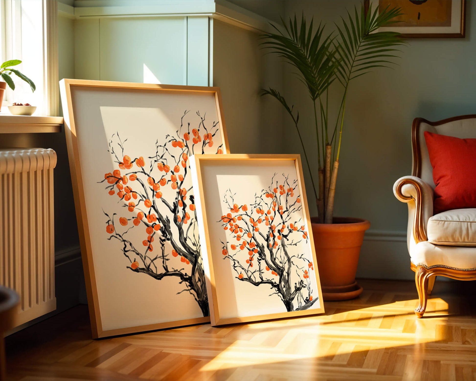 Elegant watercolor tree with vibrant orange fruit