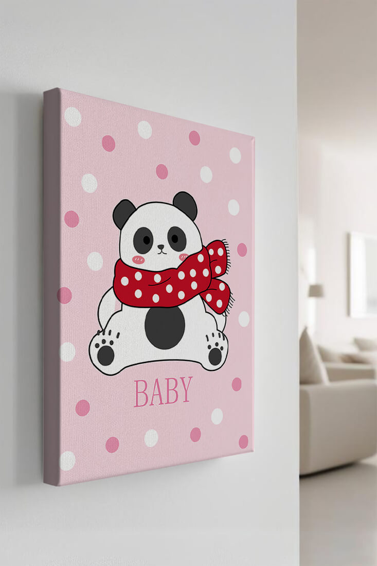 Cartoon panda with red scarf on pink polka dot background