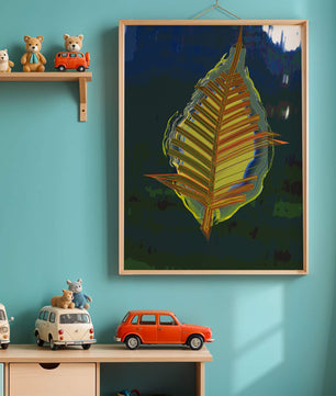 Abstract digital artwork featuring a vibrant multicolored leaf