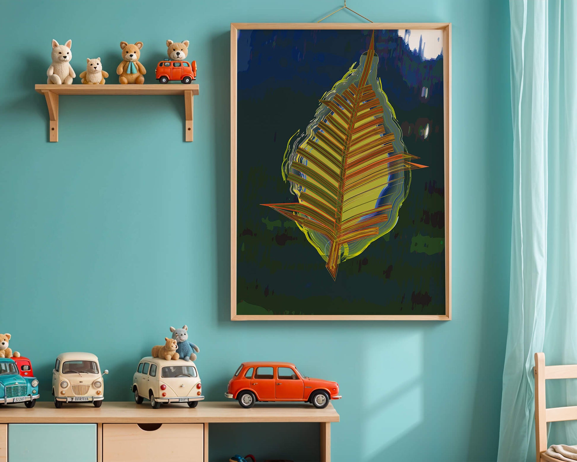 Abstract digital artwork featuring a vibrant multicolored leaf