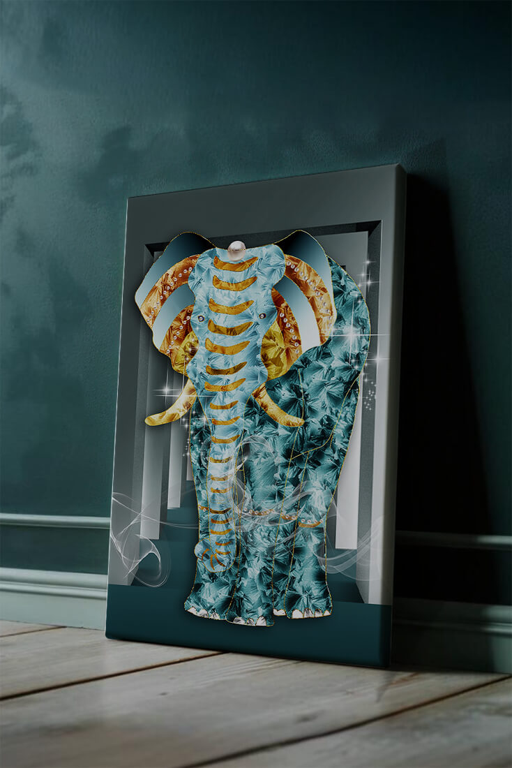 Elephant with Gold and Blue Textures in Surreal Geometric Background