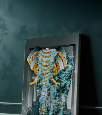Elephant with Gold and Blue Textures in Surreal Geometric Background