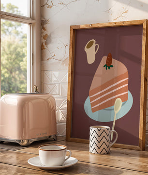 Ilustración de una porción de pastel con fresa y café