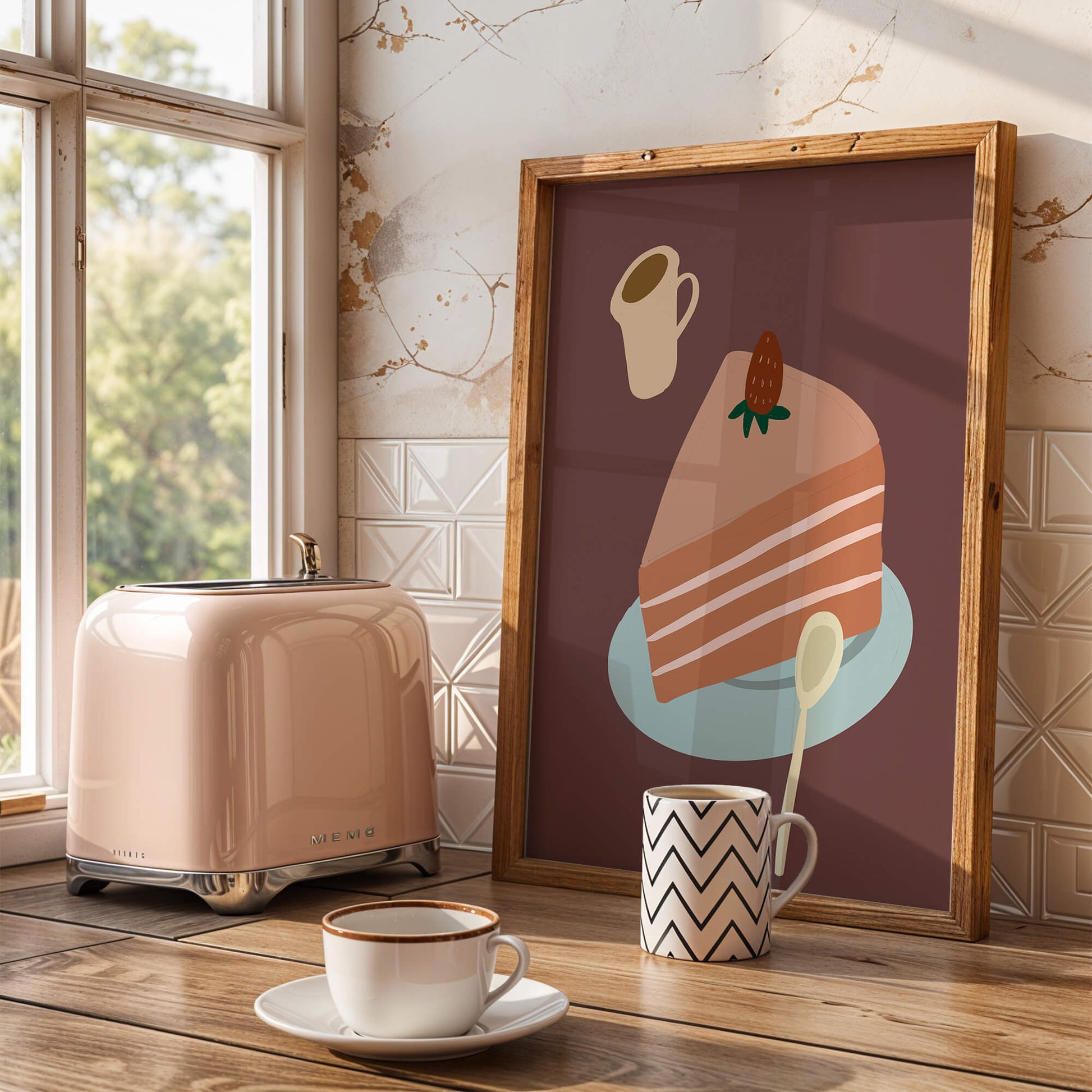 Illustration of a cake slice with strawberry and coffee