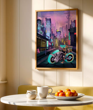 Paisaje urbano futurista cyberpunk con rascacielos iluminados con neón y motociclista