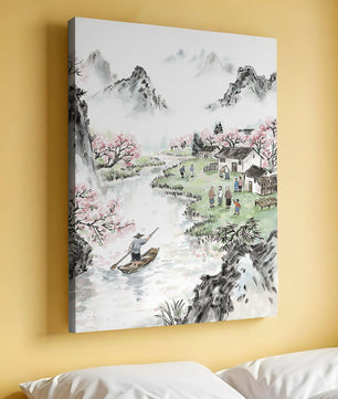 Idyllic Village Scene with Cherry Blossoms and a River