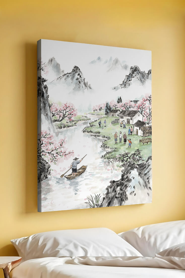 Idyllic Village Scene with Cherry Blossoms and a River