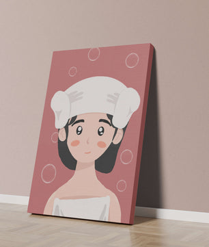 Illustration of a person in a towel with bubbles on a pink background