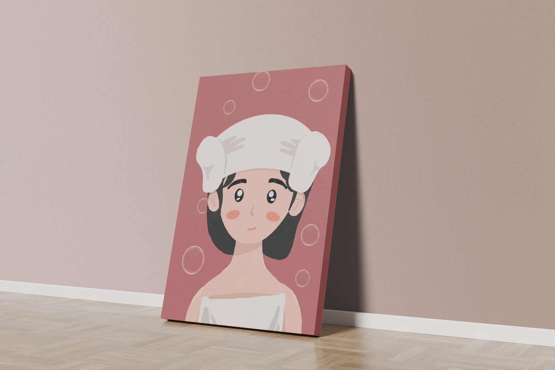 Ilustración de una persona en una toalla con burbujas sobre un fondo rosa