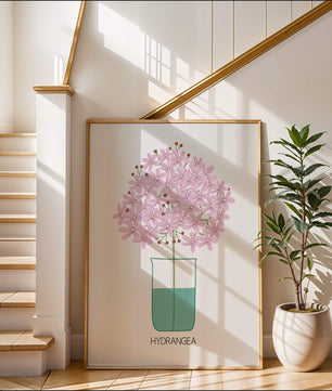 Illustration von Hortensienblüten in einer Vase mit eleganter Linienkunst