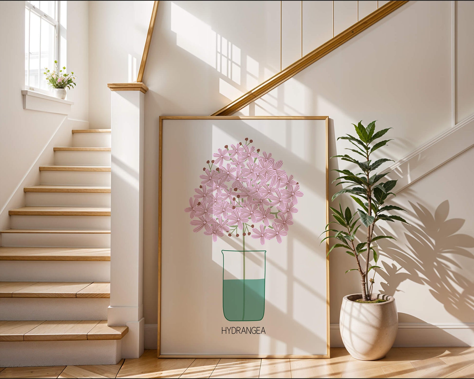 Illustration von Hortensienblüten in einer Vase mit eleganter Linienkunst
