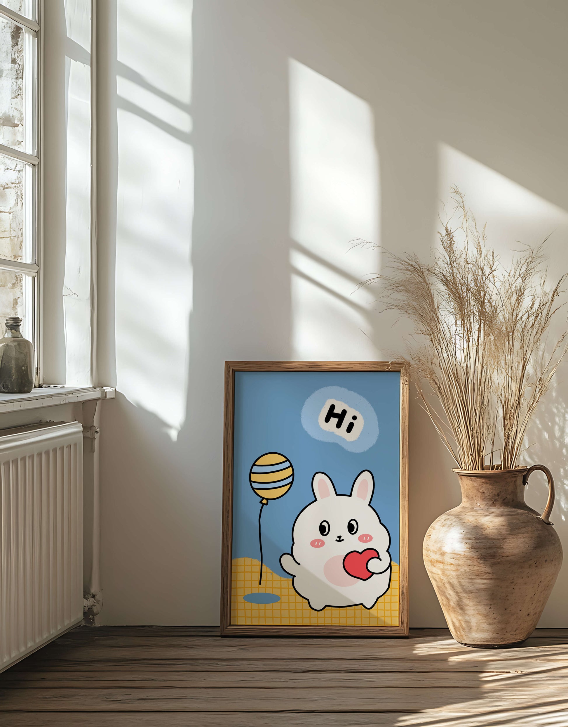 Adorable cartoon bunny with balloon and heart illustration